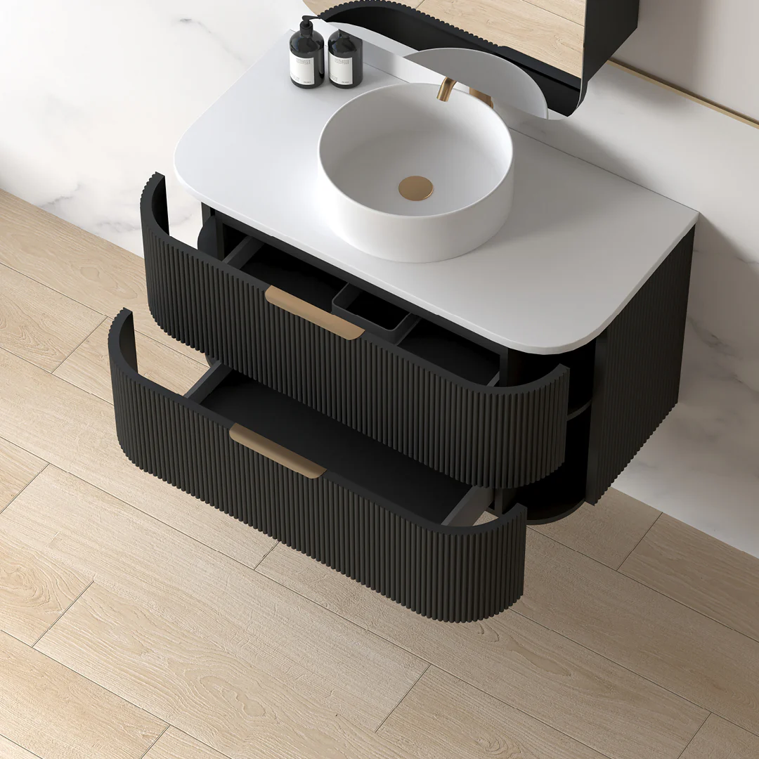 Lunara 900 Curved Matte Black Fluted Wall Hung Vanity - Image 3