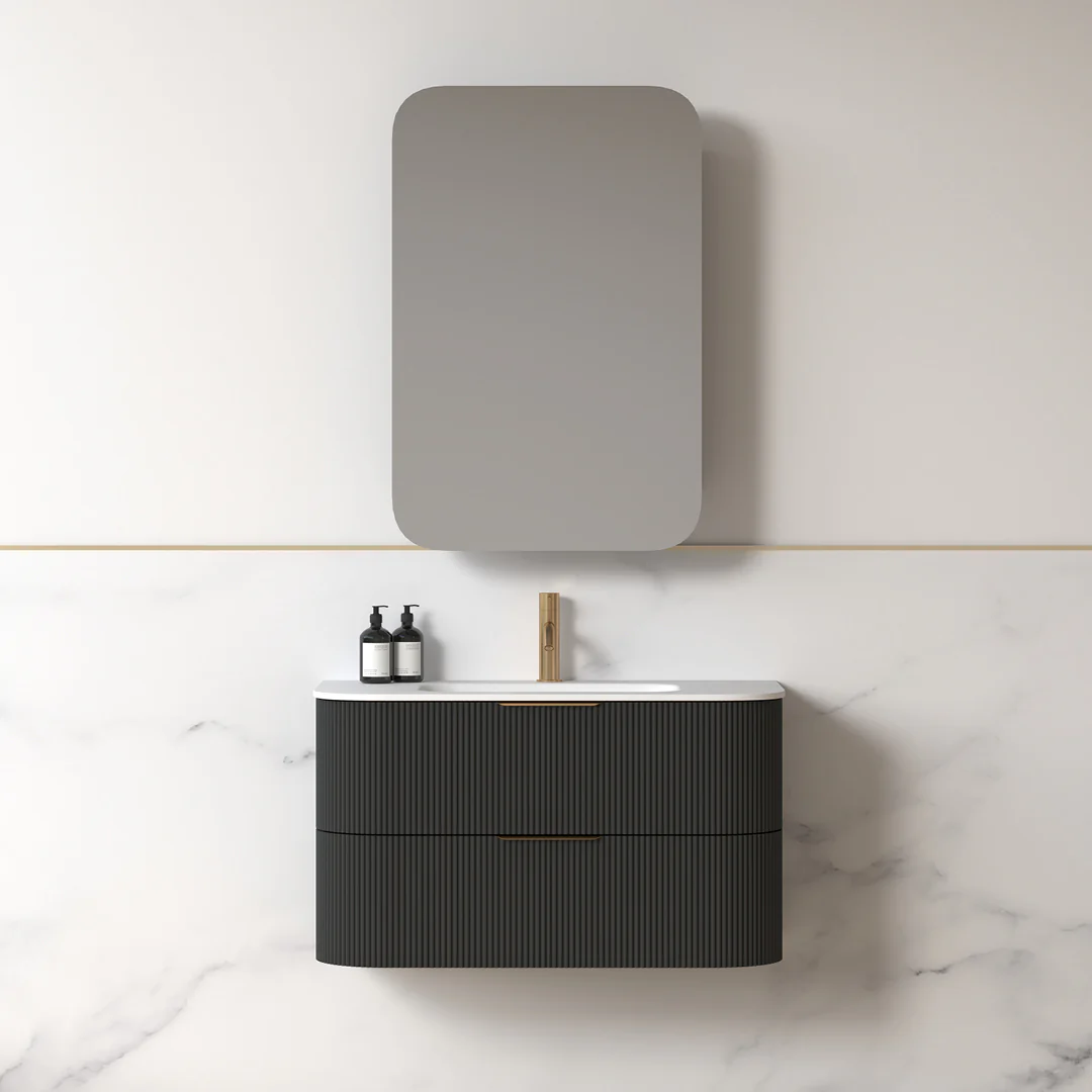 Lunara 900 Curved Matte Black Fluted Wall Hung Vanity - Image 4