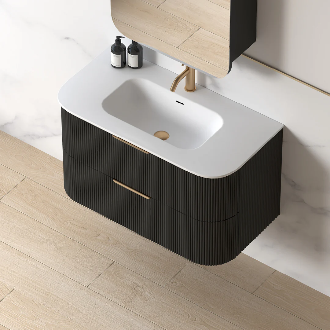 Lunara 900 Curved Matte Black Fluted Wall Hung Vanity - Image 6