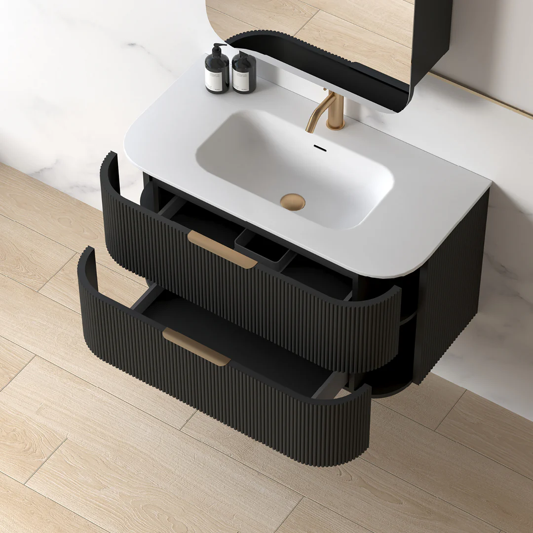 Lunara 900 Curved Matte Black Fluted Wall Hung Vanity - Image 7