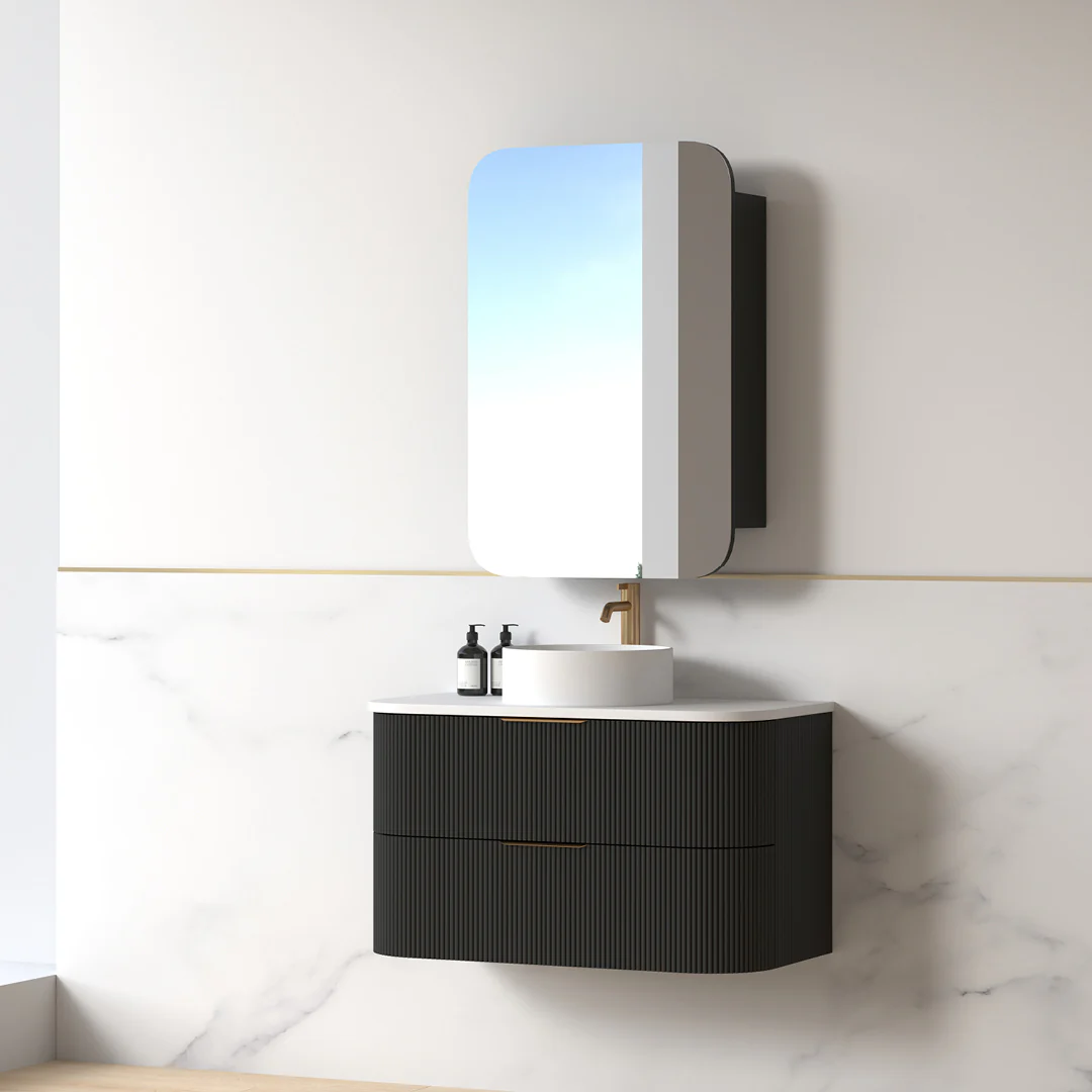 Lunara 900 Curved Matte Black Fluted Wall Hung Vanity - Image 8