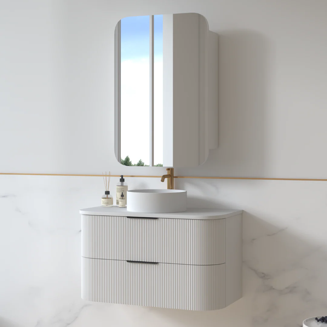 Lunara 900 Curved Matte White Fluted Wall Hung Vanity - Image 2