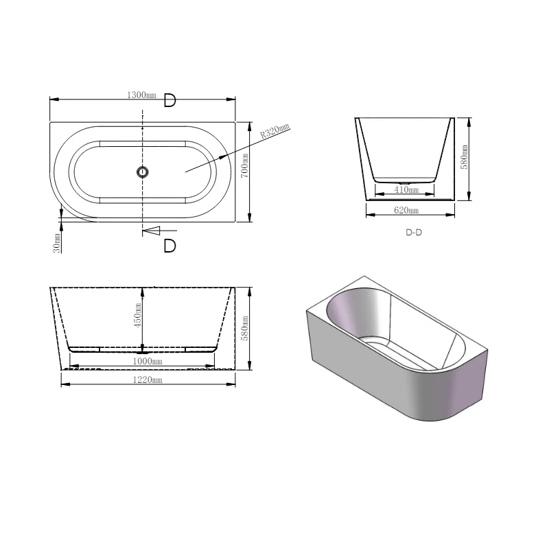 Marco 1300 Gloss White Left Corner Fit Freestanding Bath Tub - Image 4