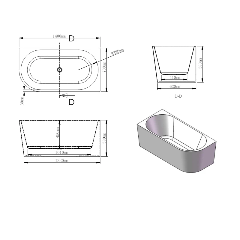Marco 1400 Gloss White Left Corner Fit Freestanding Bath Tub - Image 4