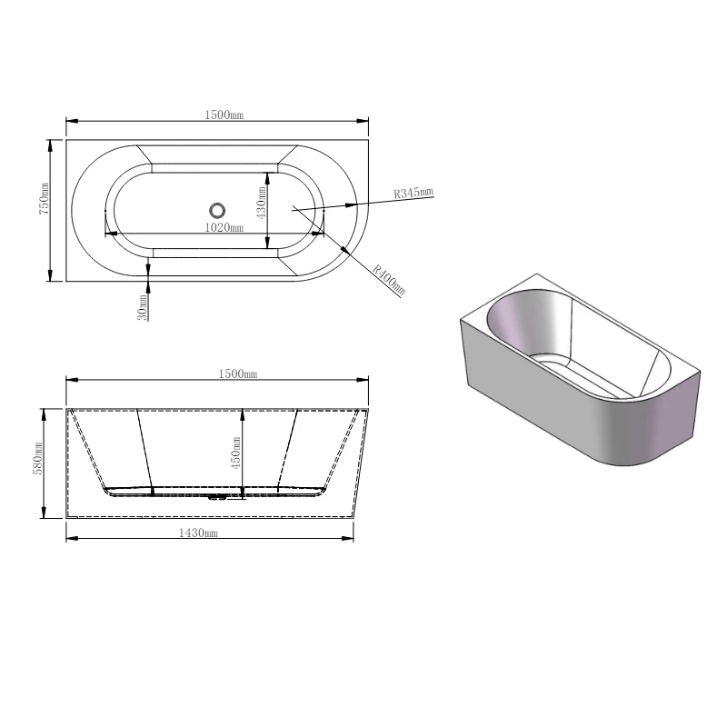 Marco 1500 Gloss White Left Corner Fit Freestanding Bath Tub - Image 4