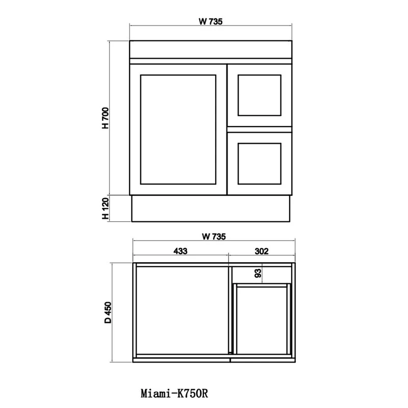 Miami 750 Matte White Vanity With Kickboard - Right Hand Drawers - Image 3