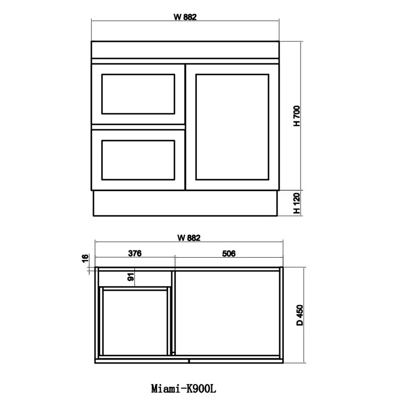 Miami 900 Matte White Vanity With Kickboard - Left Hand Drawers - Image 3