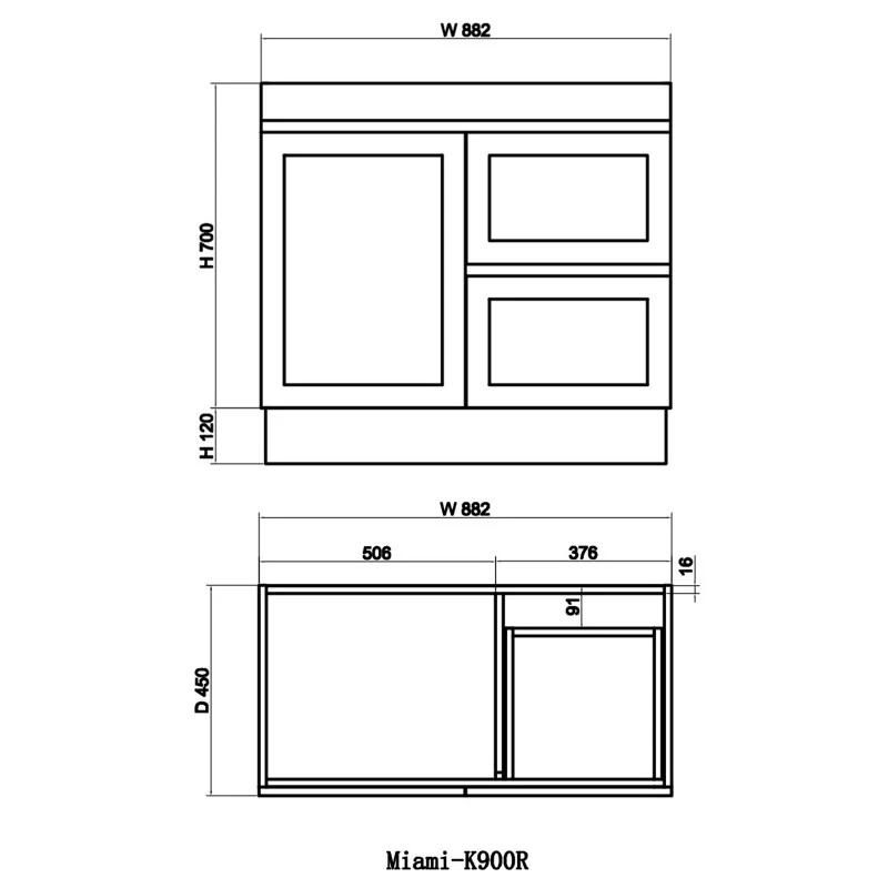 Miami 900 Matte White Vanity With Kickboard - Right Hand Drawers - Image 3