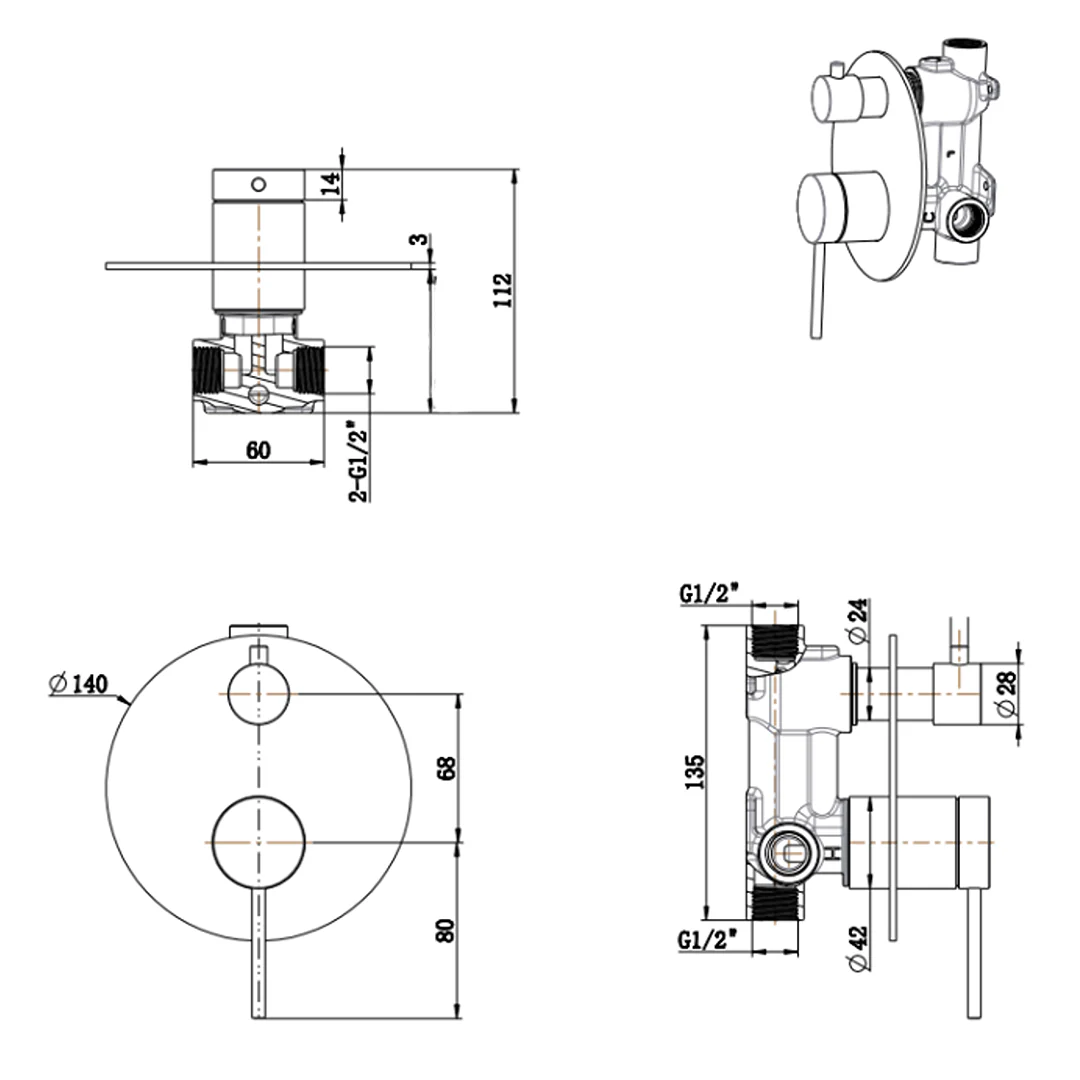 Mica Brushed Nickel Shower Mixer Diverter - 1P - Trim Kit Only - Image 4