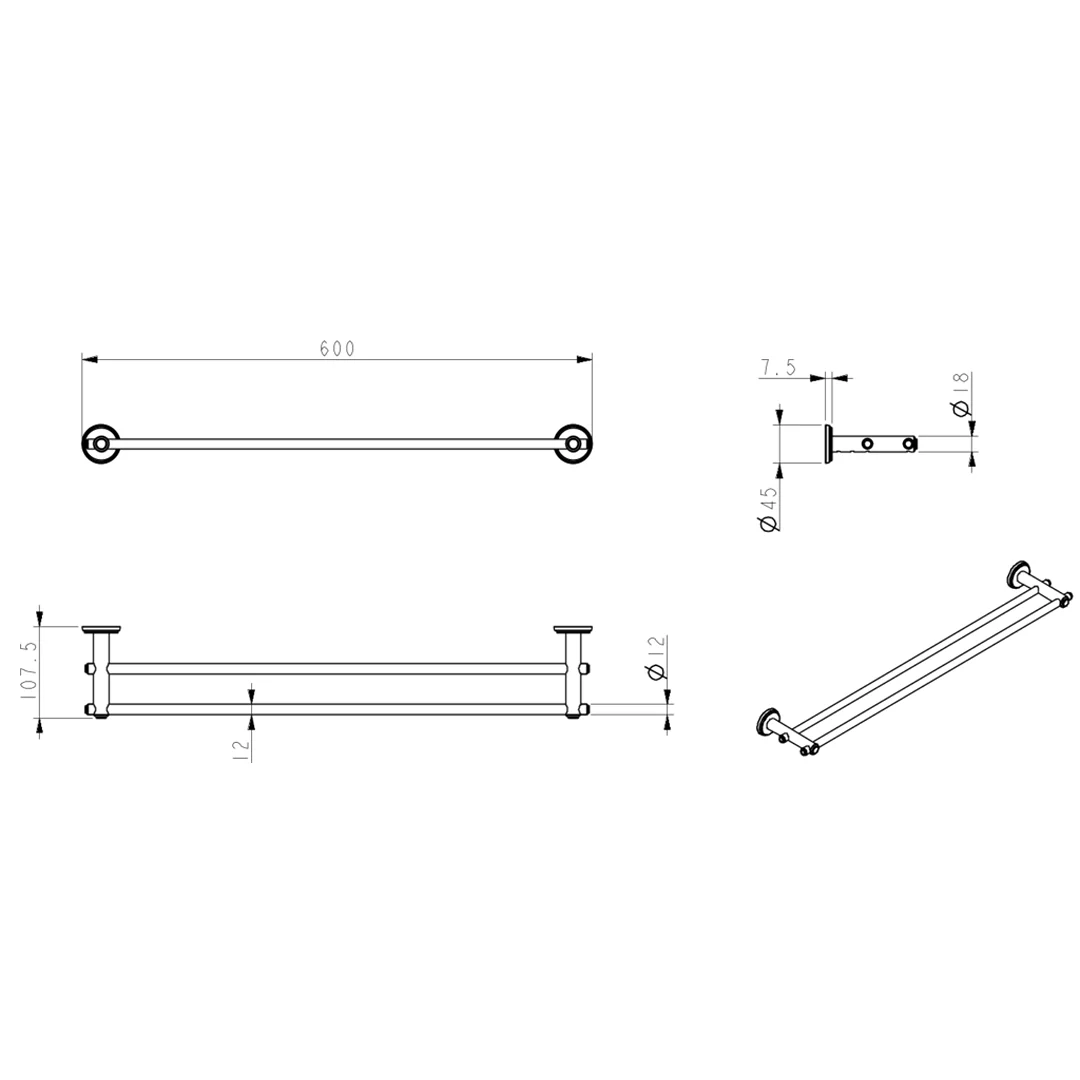 Mica Chrome Heritage Double Towel Rail - 600mm - Image 2