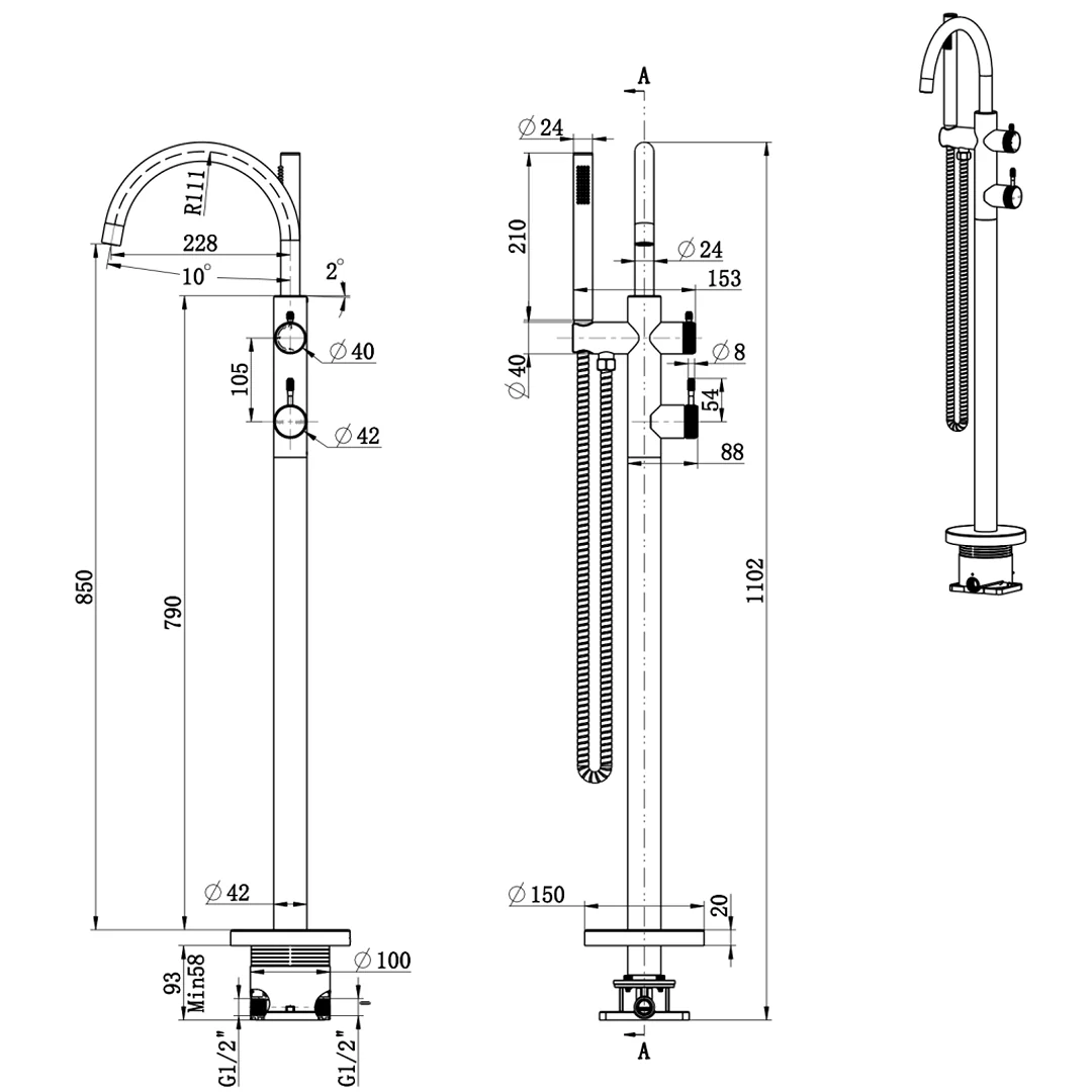 Mica Fluted French Gold Freestanding Bath Mixer with Hand Shower - Image 2