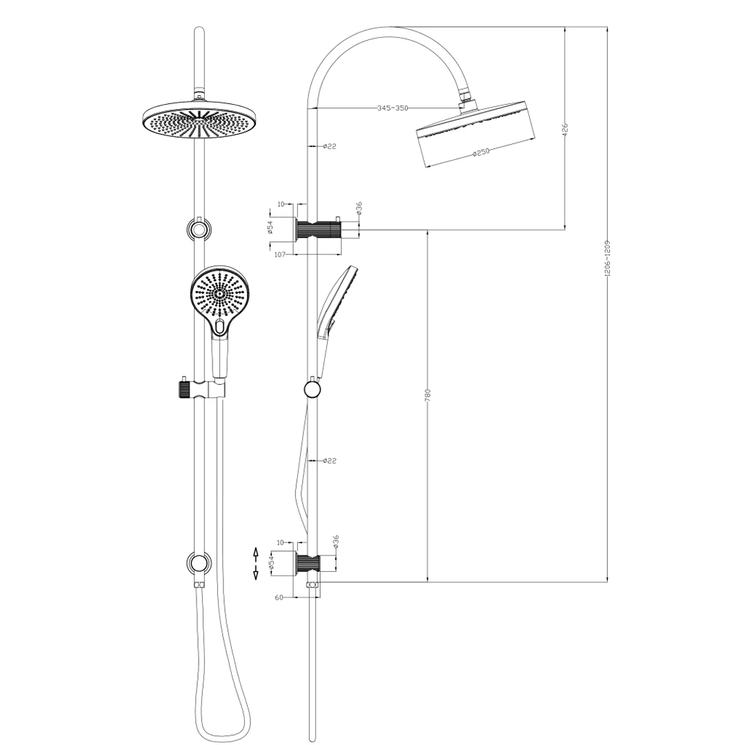 Mica Fluted Gun Metal Gooseneck Dual Shower Rail - Image 5