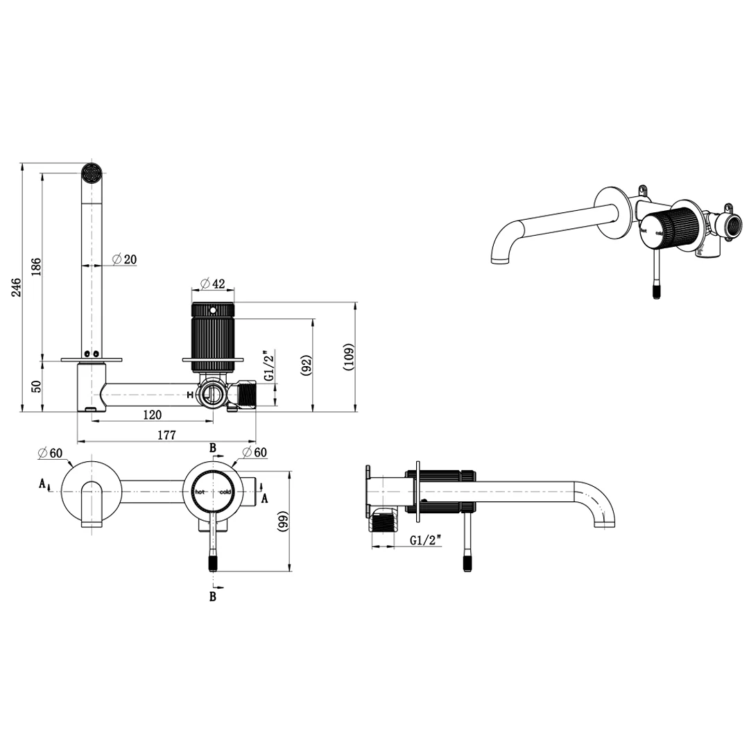 Mica Fluted Gun Metal Wall-Spout Combo - Image 2