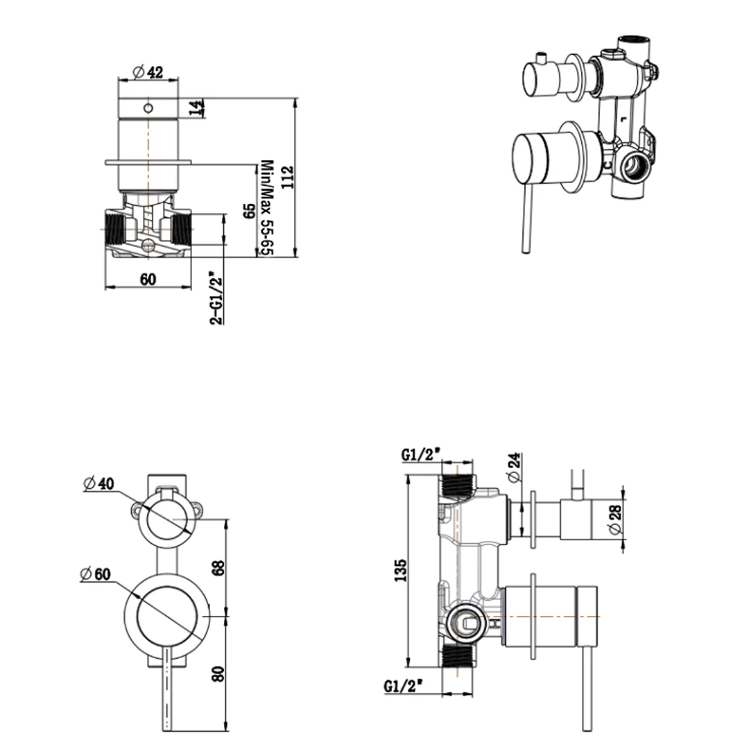 Mica Matte Black Shower Mixer Diverter - 2P - Trim Kit Only - Image 2