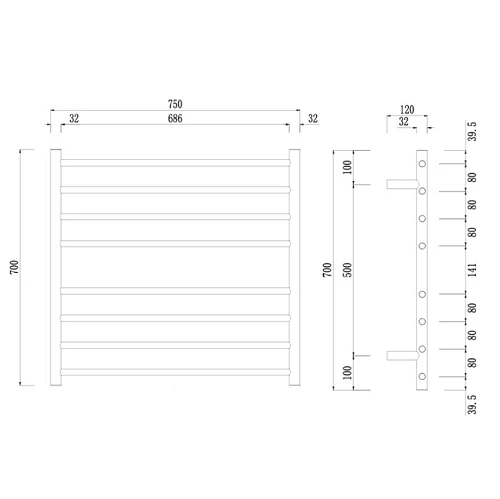 Mirage Star Warm Brushed Nickel 8 Bar Wide Heated Towel Rail - Image 2