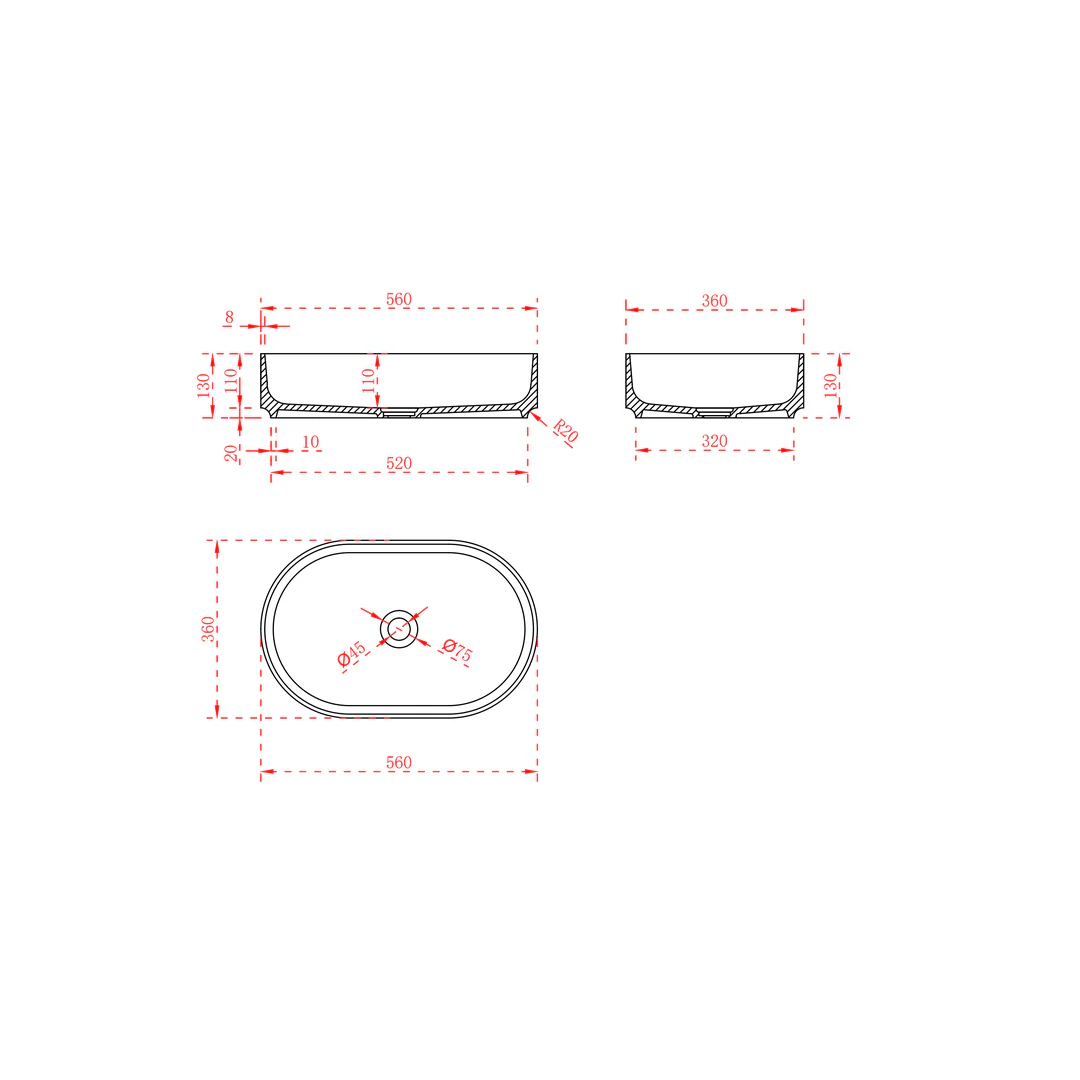 Nava 560mm Solid Surface Stone Oval Above Counter Basin - Image 4
