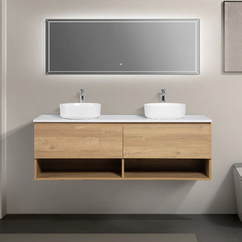Nesta 1500 Natural Oak Double Wall Hung Vanity With Shelf