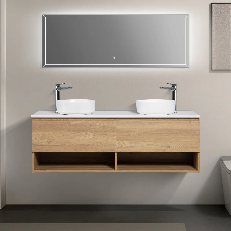Nesta 1500 Natural Oak Double Wall Hung Vanity With Shelf - Image 2