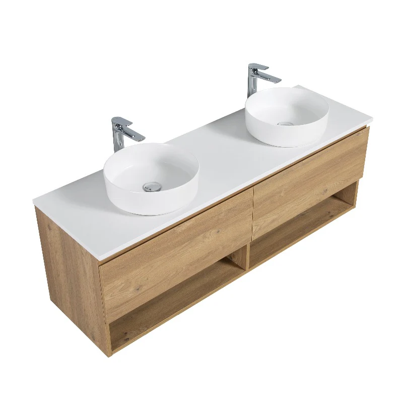 Nesta 1500 Natural Oak Double Wall Hung Vanity With Shelf - Image 4