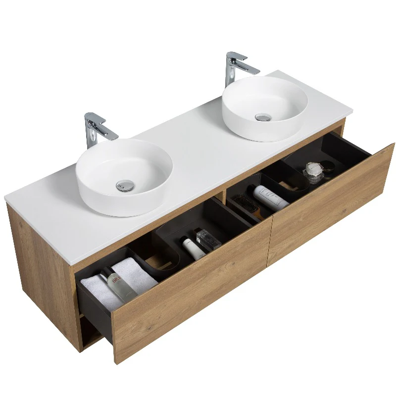 Nesta 1500 Natural Oak Double Wall Hung Vanity With Shelf - Image 5