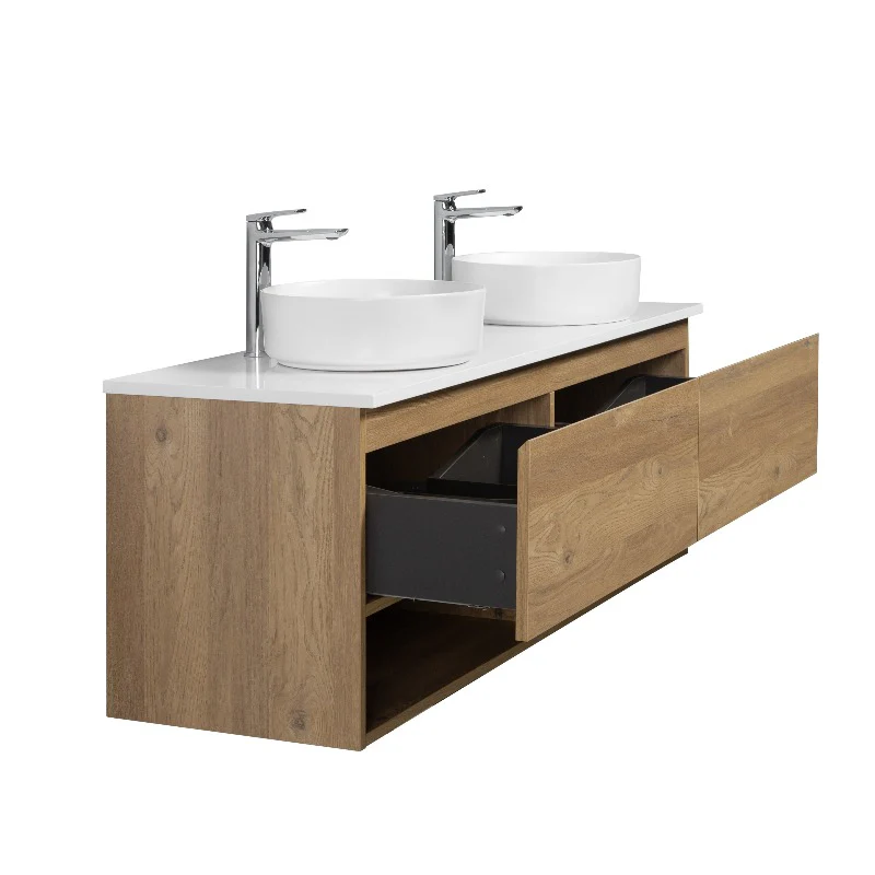 Nesta 1500 Natural Oak Double Wall Hung Vanity With Shelf - Image 6