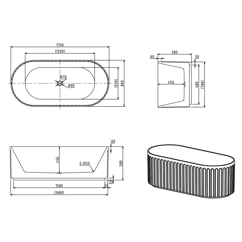 Oasis 1700mm Fluted Matte White Freestanding Bath Tub - Image 4