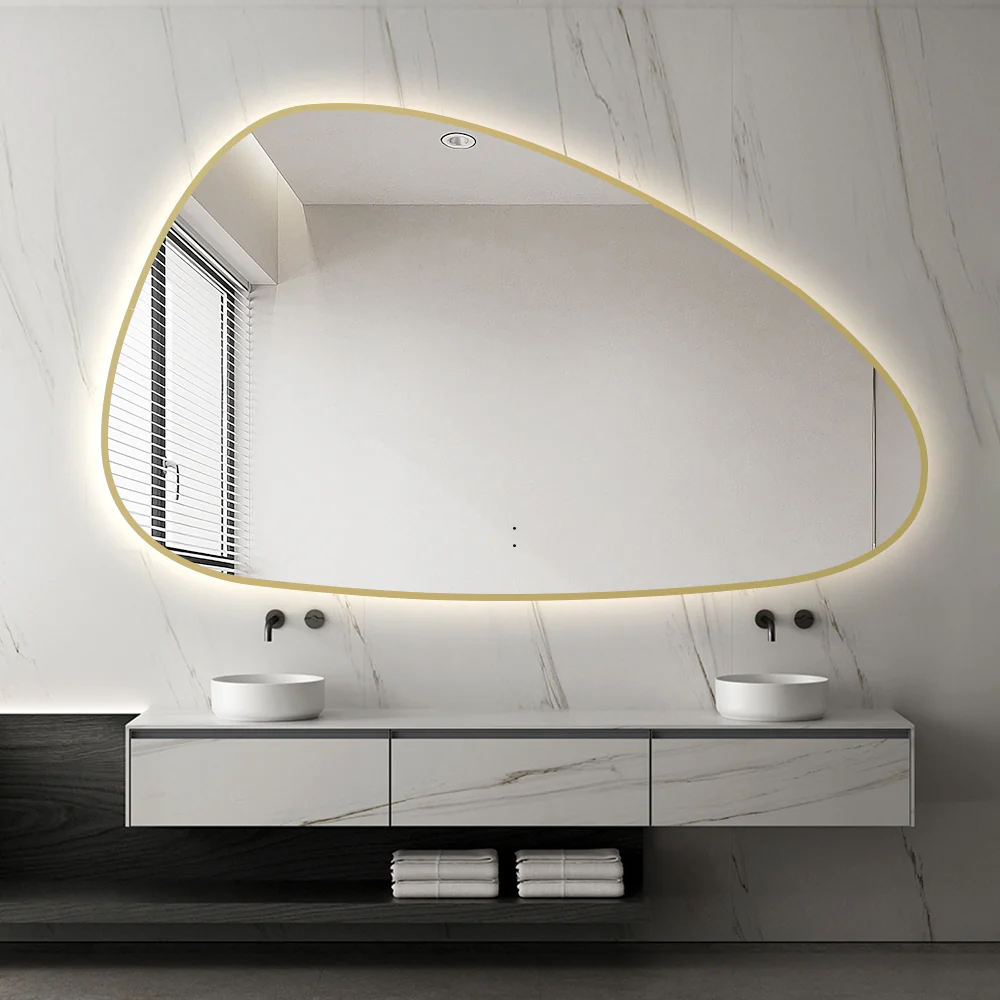 Oblonga Touchless 1500 x 800 Brushed Gold Asymmetrical LED Mirror - Three Light Temperatures - Image 2
