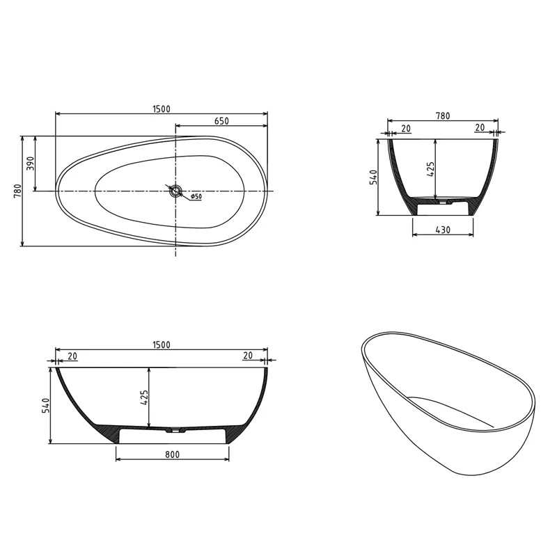 Ocean 1500mm Stone Matte White Freestanding Bath Tub - Image 4