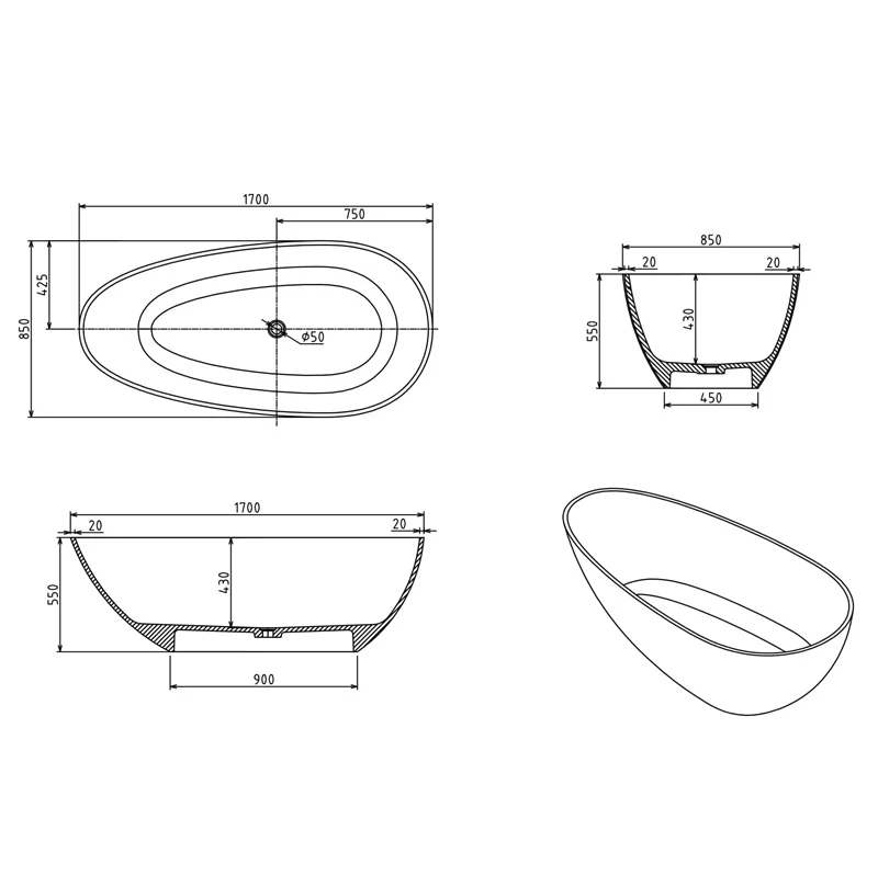 Ocean 1700mm Stone Matte White Freestanding Bath Tub - Image 4