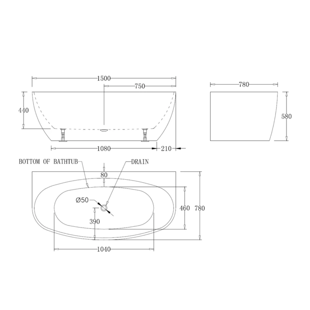 Oval Egg Shape 1500mm Gloss White Back to Wall Freestanding Bath - Image 3