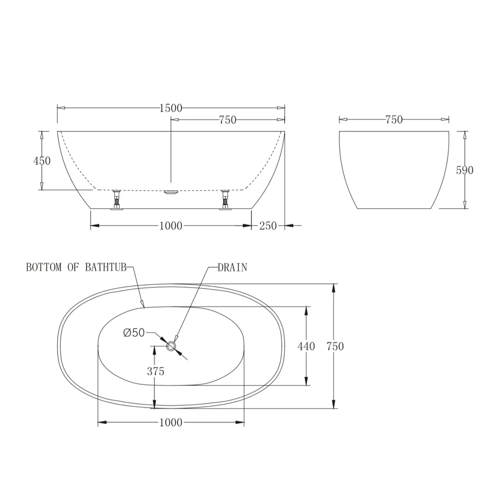 Oval Egg Shape 1500mm Gloss White Freestanding Bath - Image 3