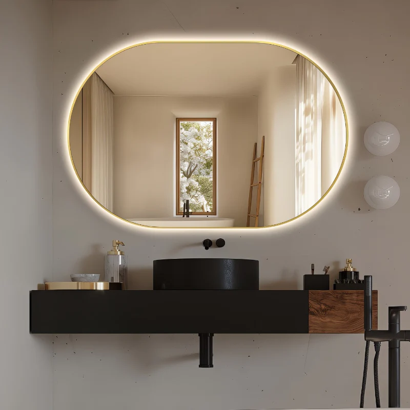 Oval Pill Touchless 1200 x 800 Brushed Gold LED Mirror - Three Light Temperatures