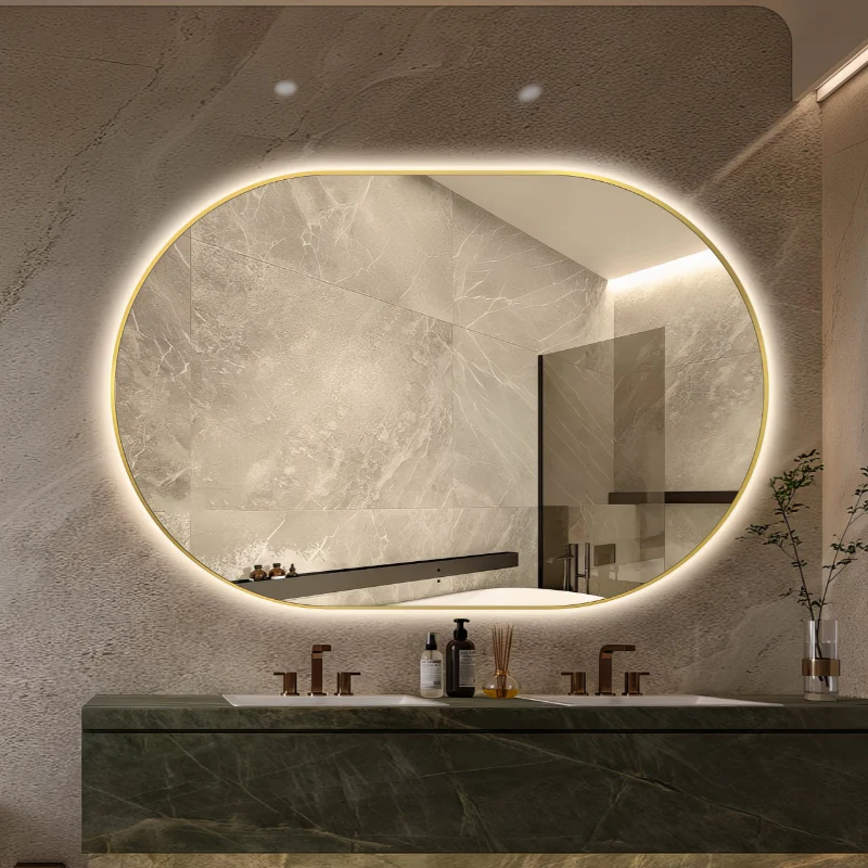 Oval Pill Touchless 1200 x 800 Brushed Gold LED Mirror - Three Light Temperatures - Image 2