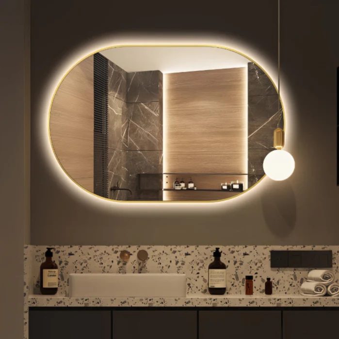 Oval Pill Touchless 900 x 600 Brushed Gold LED Mirror - Three Light Temperatures