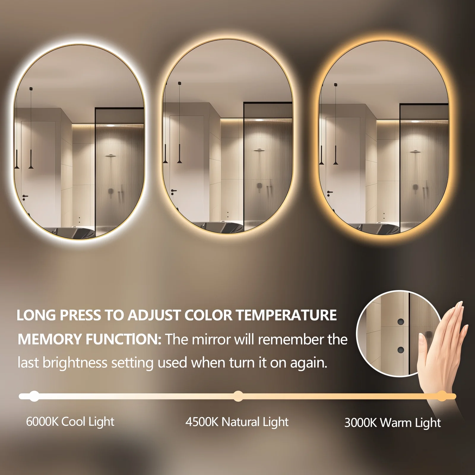 Oval Pill Touchless Back-Lit 600 x 900 Brushed Gold LED Mirror - Three Light Temperatures - Image 8