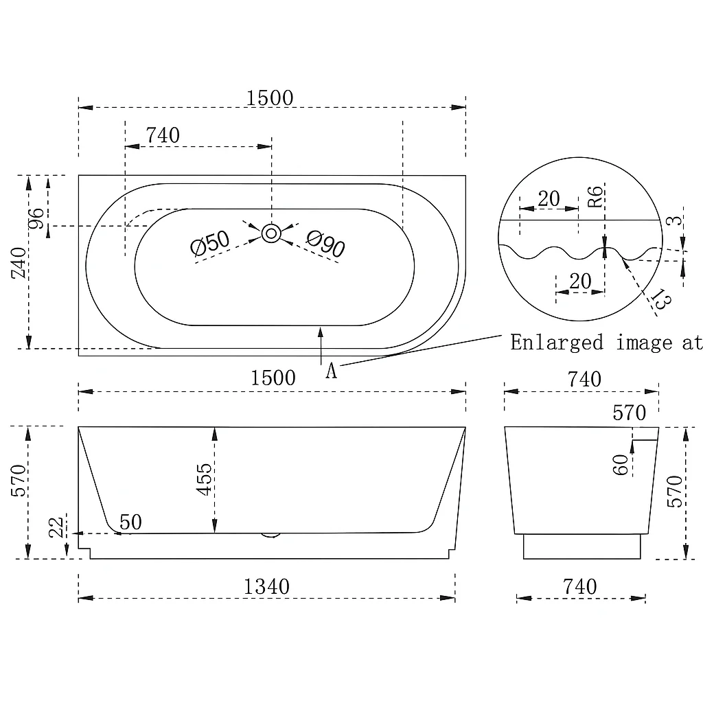 Pavilion Ribbed 1500mm Gloss White Left Corner Fit Freestanding Bath - Image 3