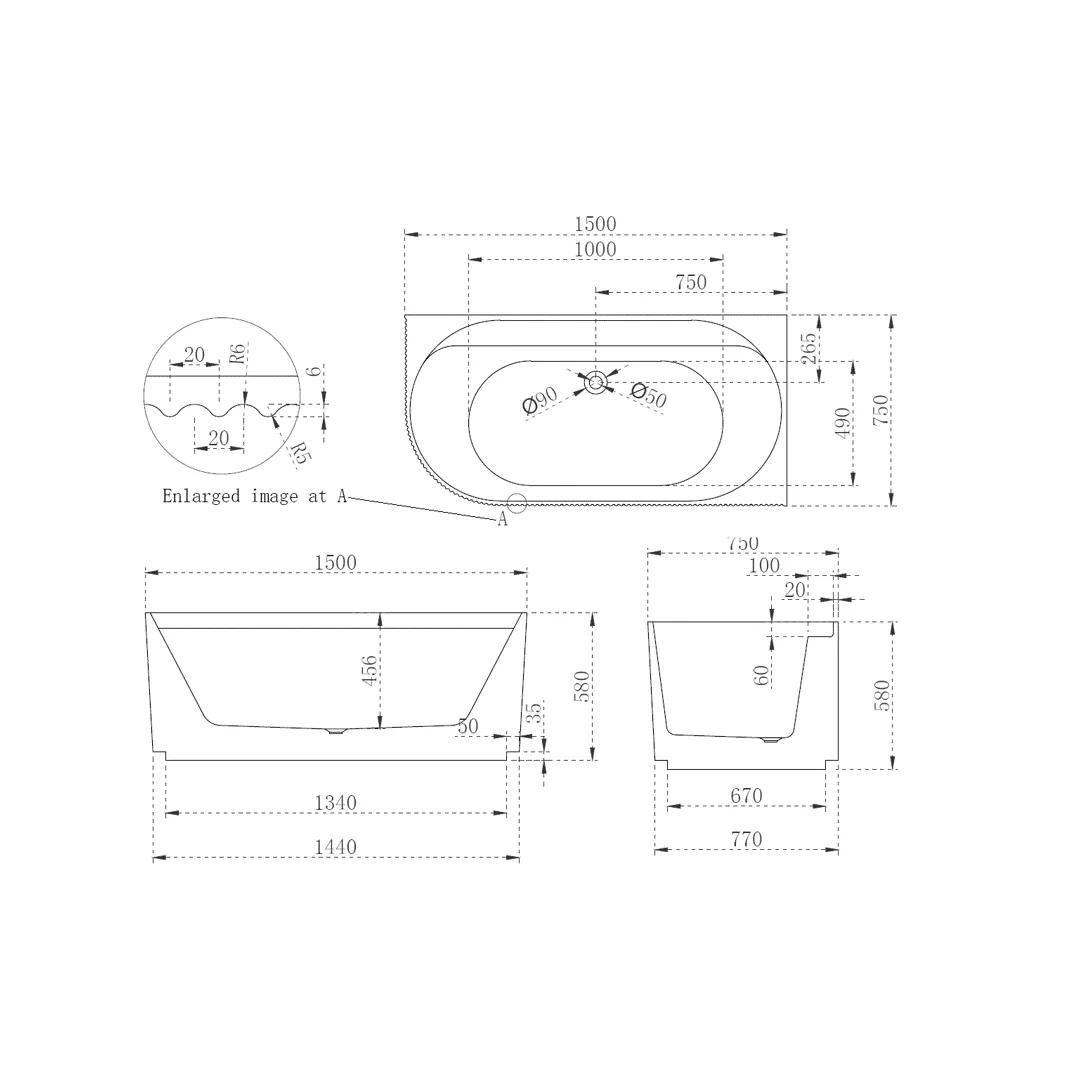 Pavilion Ribbed 1500mm Gloss White Right Corner Fit Freestanding Bath - Image 4