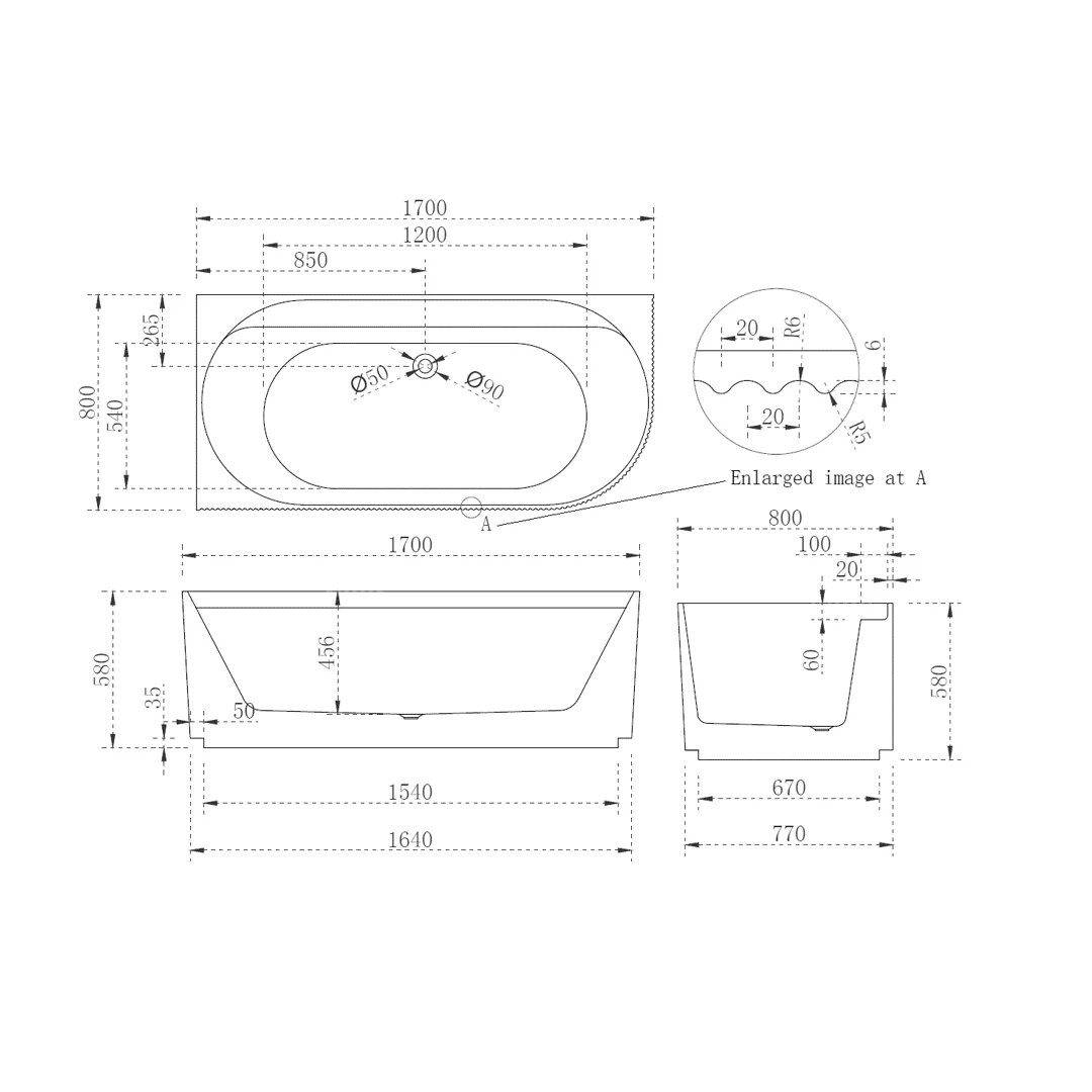 Pavilion Ribbed 1700mm Gloss White Left Corner Fit Freestanding Bath - Image 3