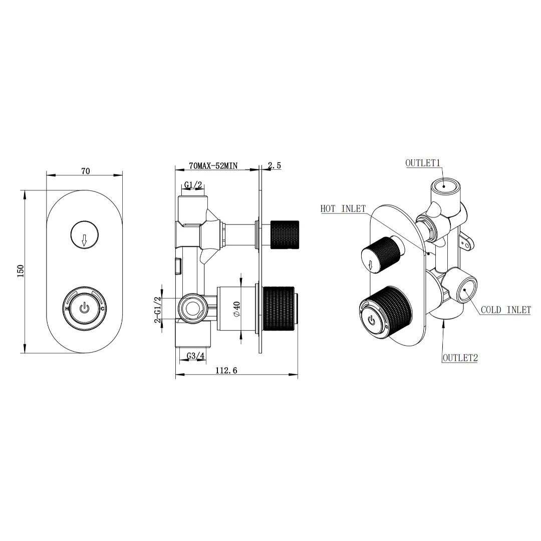 Payten Chrome Push Wall Diverter Mixer - Image 2