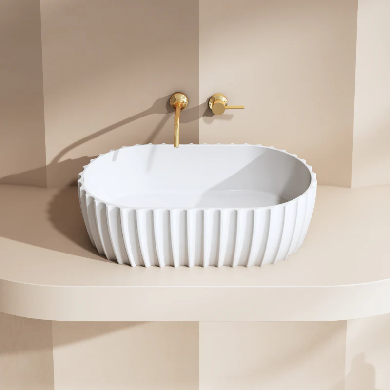 Perla 600mm Fluted Solid Surface Stone Round Above Counter Basin