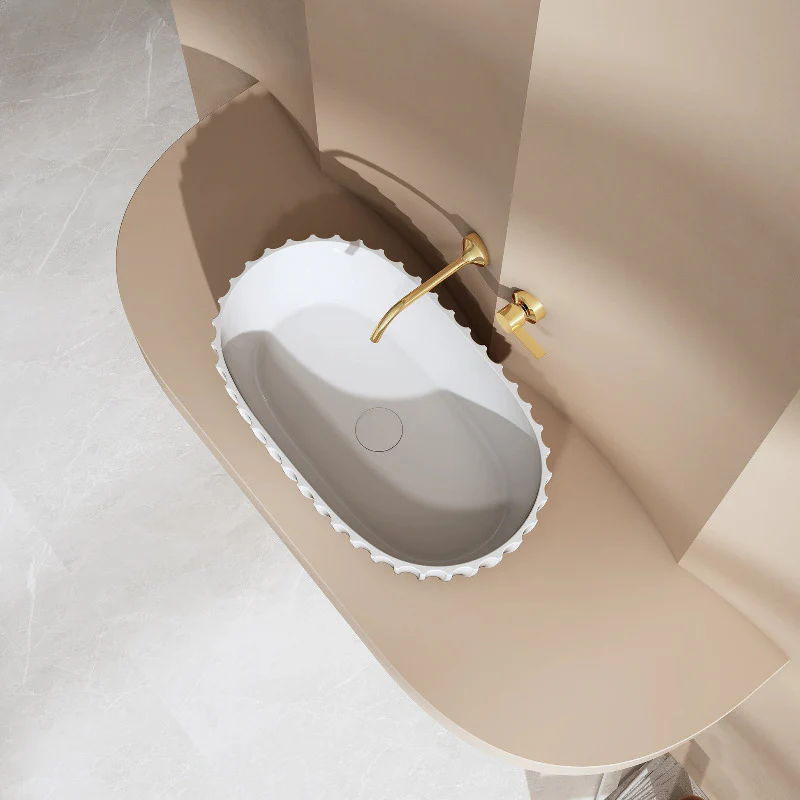 Perla 600mm Fluted Solid Surface Stone Round Above Counter Basin - Image 2
