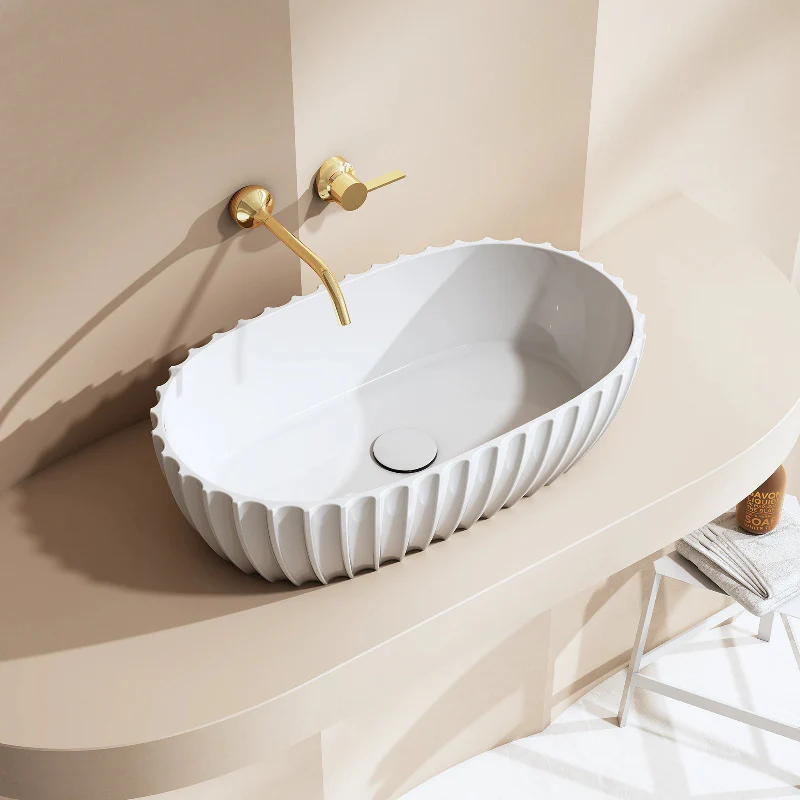 Perla 600mm Fluted Solid Surface Stone Round Above Counter Basin - Image 3