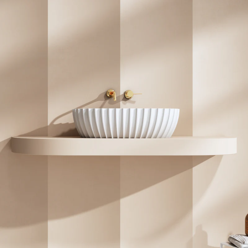 Perla 600mm Fluted Solid Surface Stone Round Above Counter Basin - Image 4