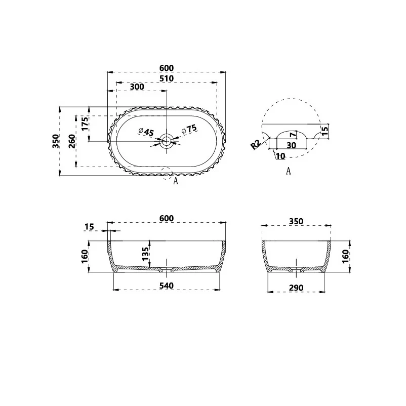 Perla 600mm Fluted Solid Surface Stone Round Above Counter Basin - Image 5