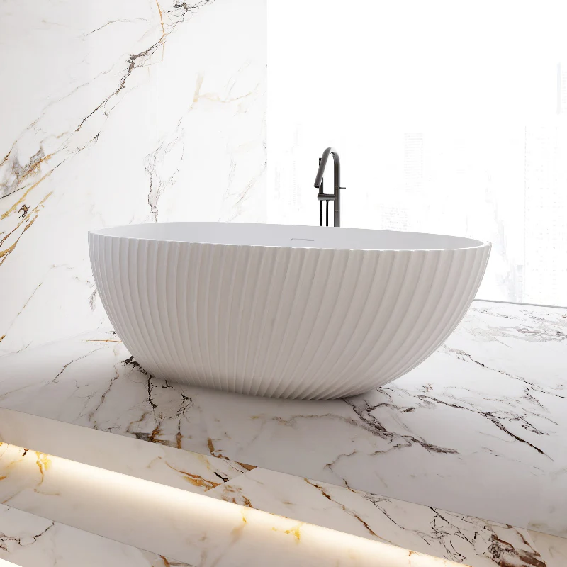 Perla Fluted 1700mm Matte White Designer Oval Freestanding Bath - Image 2