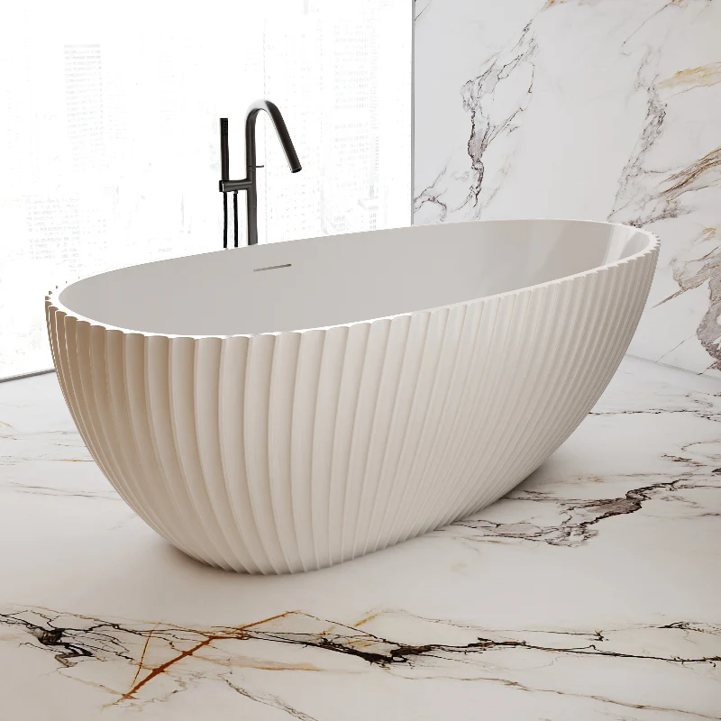 Perla Fluted 1700mm Matte White Designer Oval Freestanding Bath - Image 4