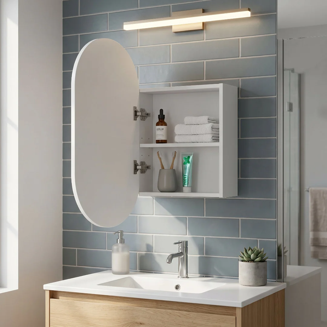 Pill 450 x 900 Matte White Oval Shaving Cabinet - Image 2