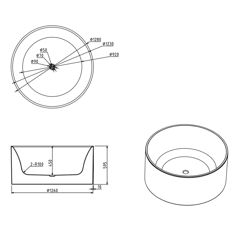 Ravella 1280mm Gloss White Round Freestanding Bath Tub - Image 4