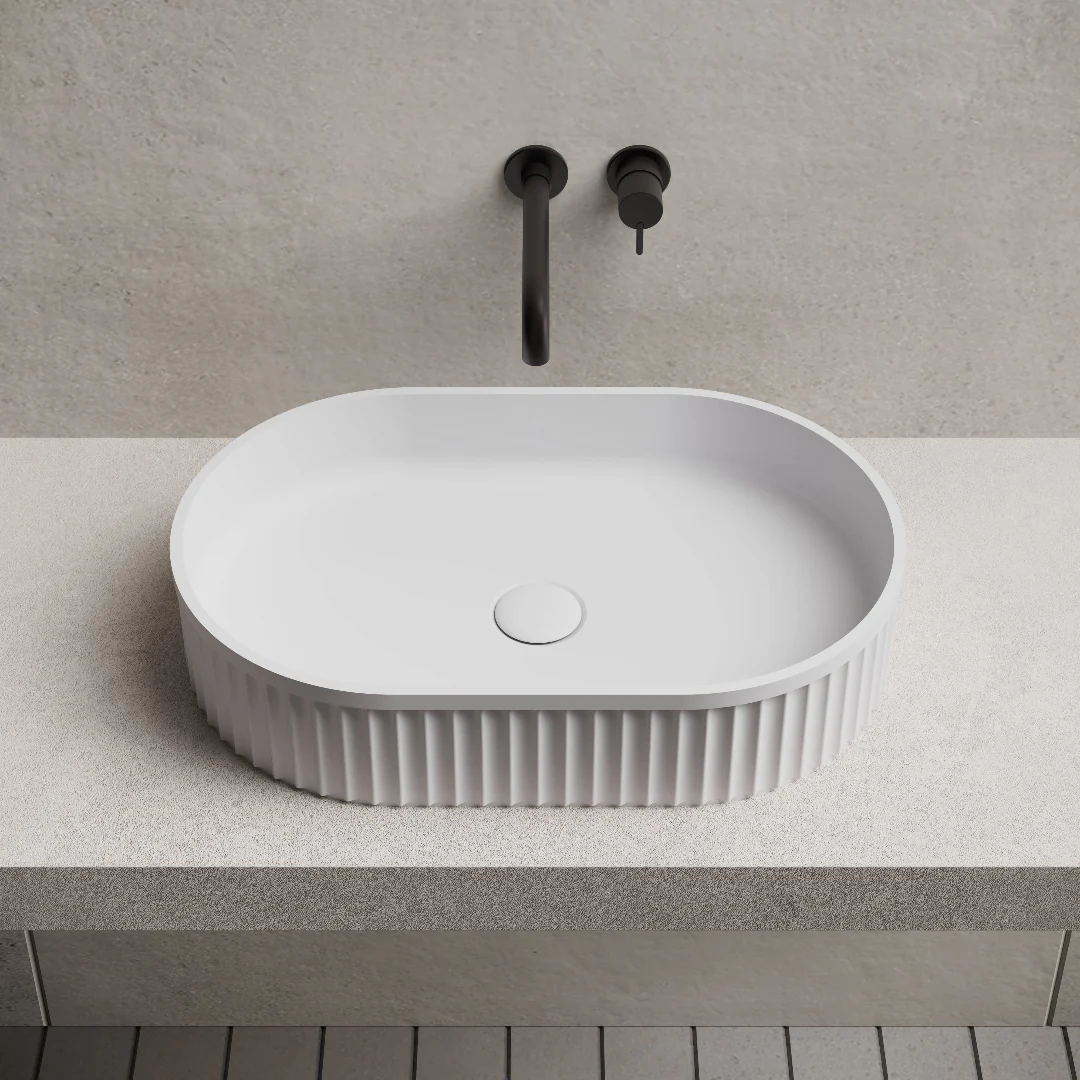 Riba 550mm Solid Surface Stone Fluted Oval Above Counter Basin - Image 2