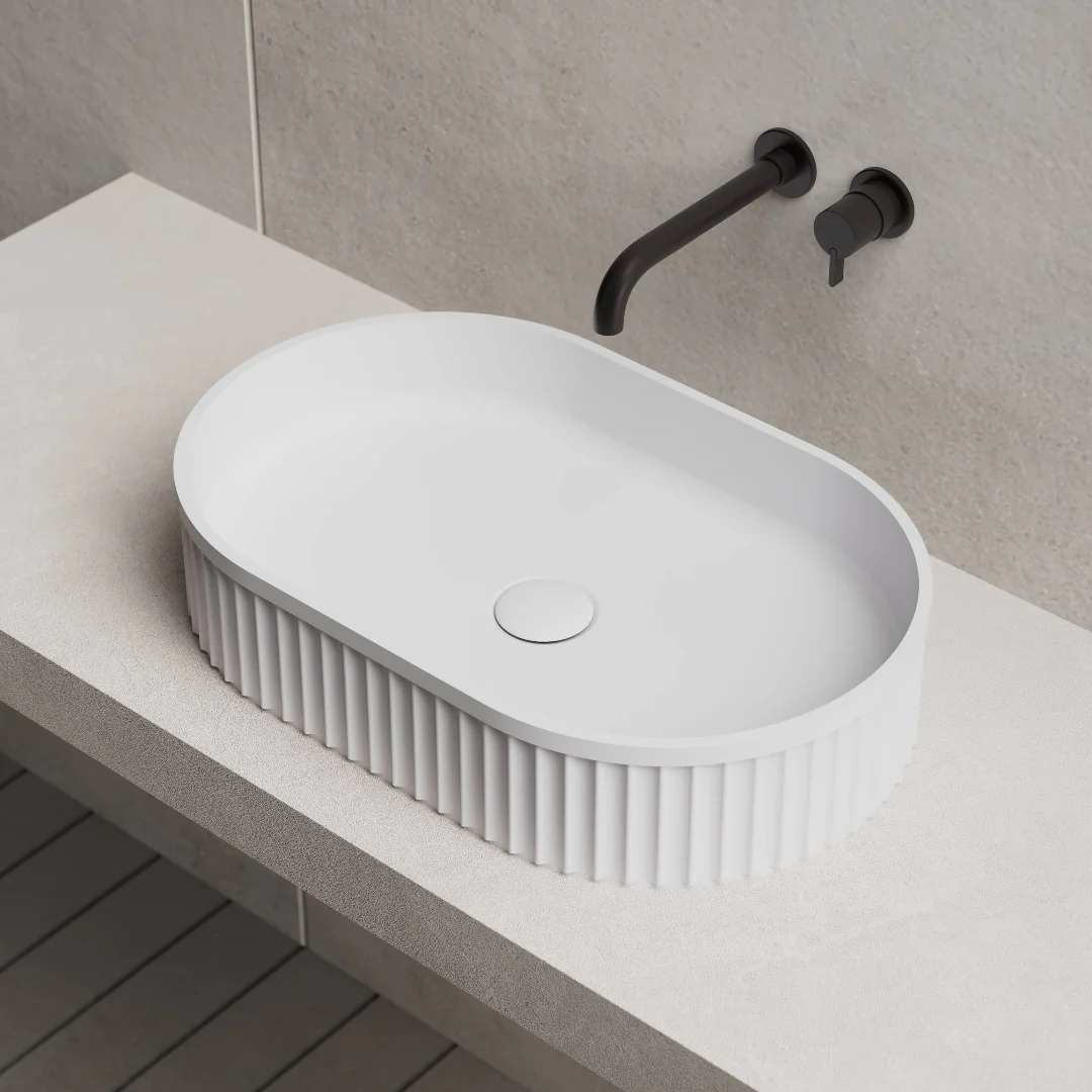 Riba 550mm Solid Surface Stone Fluted Oval Above Counter Basin - Image 4